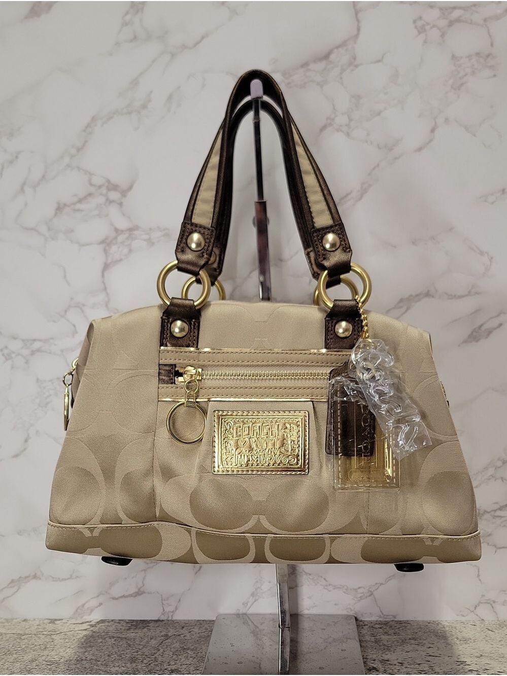 Coach Poppy Signature Sateen Satchel 15860 Light Khaki Metallic NWOT + Dust Bag
